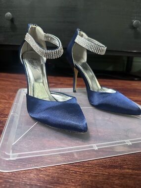 Elegant Navy Satin Pointed Toe Heels with Crystal Ankle Strap